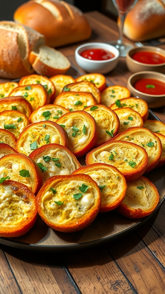 Garlic Bread for a Large Crowd A platter of crispy garlic bread slices, garnished with parsley, served with marinara sauce on a rustic table.